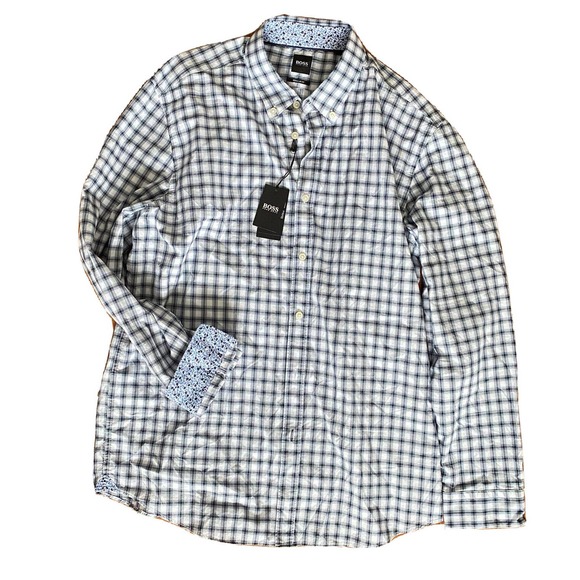 Hugo Boss Black Label Cotton Long Sleeve Shirt XXL White Checkered Dress Shirt - Picture 1 of 10